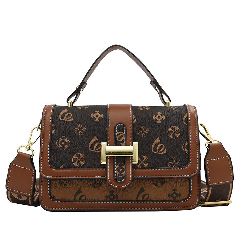 Petit sac à main carré femme marron en cuir PU avec motif floral et lettres imprimées