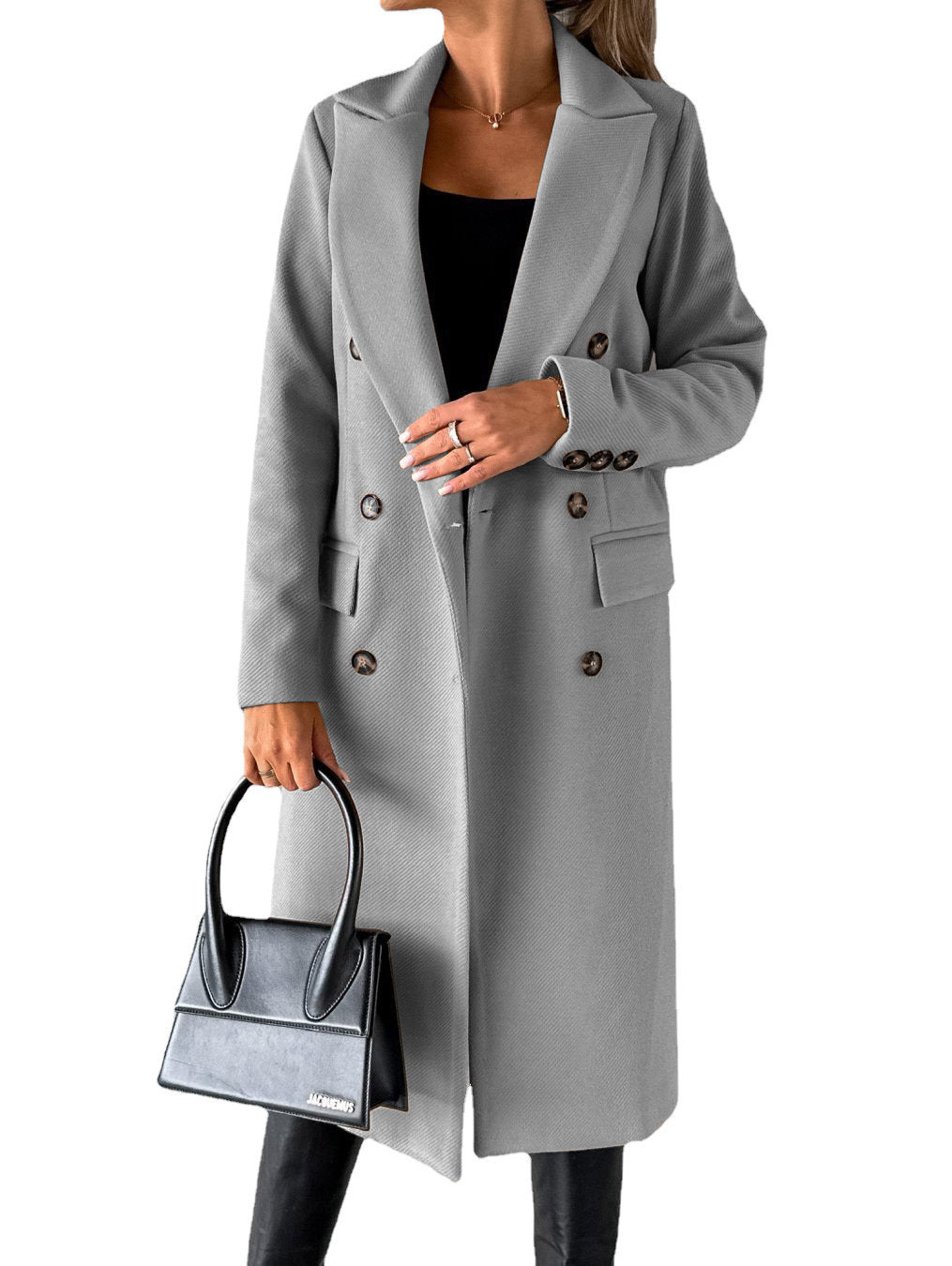 Manteau femme hiver long – col à revers, double boutonnage