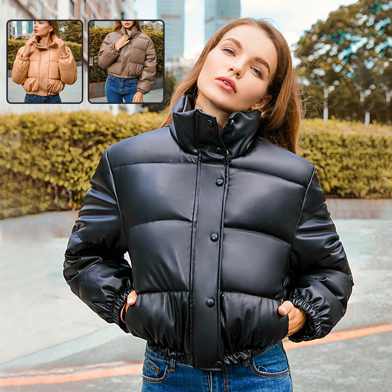 Veste courte femme hiver style Y2K – col montant, cuir PU