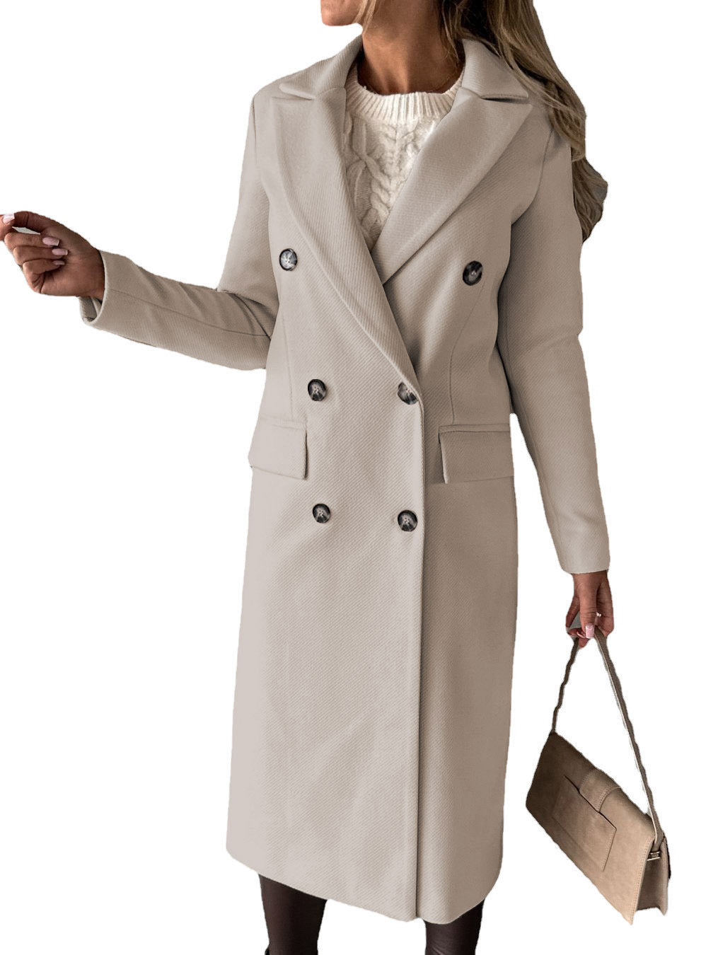Manteau femme hiver long – col à revers, double boutonnage