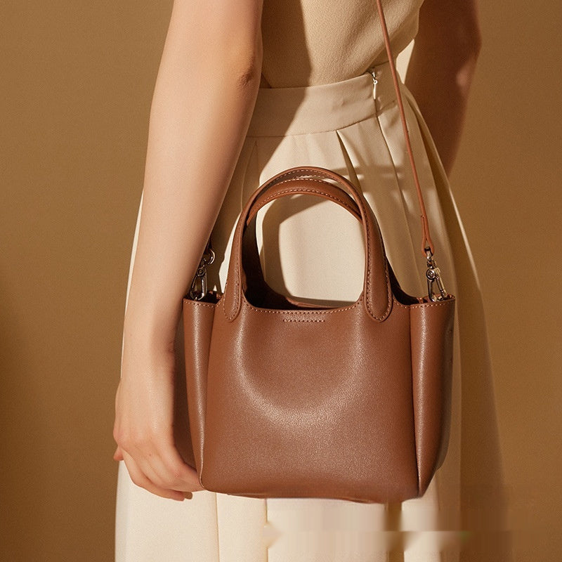 Genuine Leather Bucket Bag - Adjustable Shoulder Strap, Large Capacity