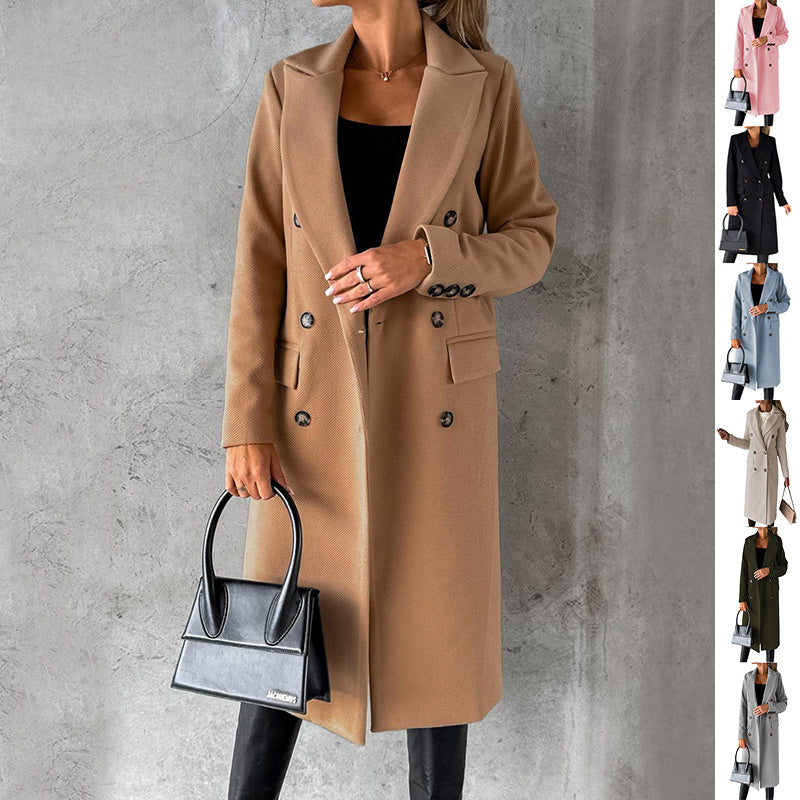 Manteau femme hiver long – col à revers, double boutonnage