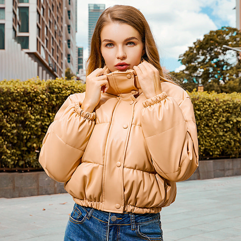 Veste courte femme hiver style Y2K – col montant, cuir PU