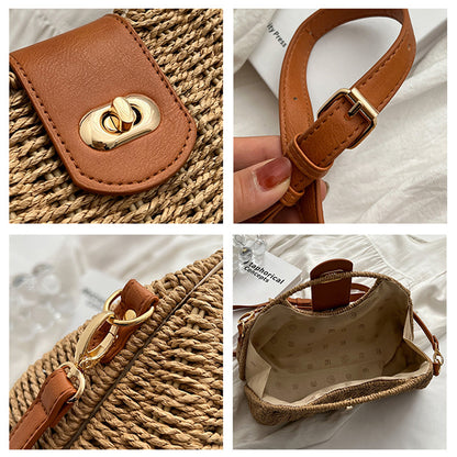 Femme portant sac paille bandoulière été plage vacances style bohème naturel