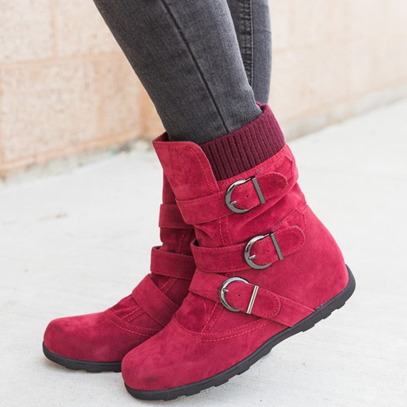 
Boots hiver rouges femme fourrées intérieur fausse fourrure boucles casual chaudes