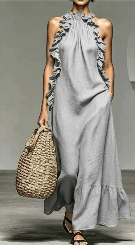 Robe longue femme gris dos nu avec volants style bohème chic
