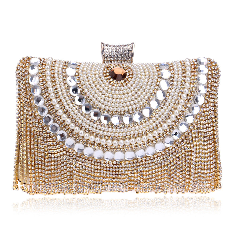 Pochette soirée femme en métal avec diamants scintillants et pompons élégants avec chaîne