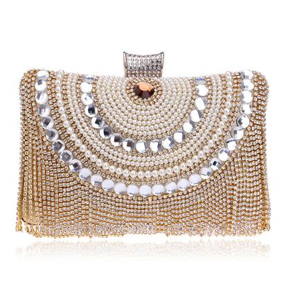 Pochette soirée femme en métal avec diamants scintillants et pompons élégants avec chaîne