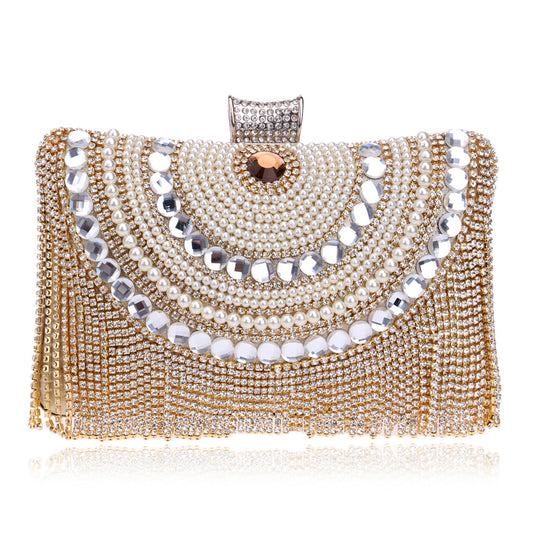 Pochette soirée femme en métal avec diamants scintillants et pompons élégants avec chaîne
