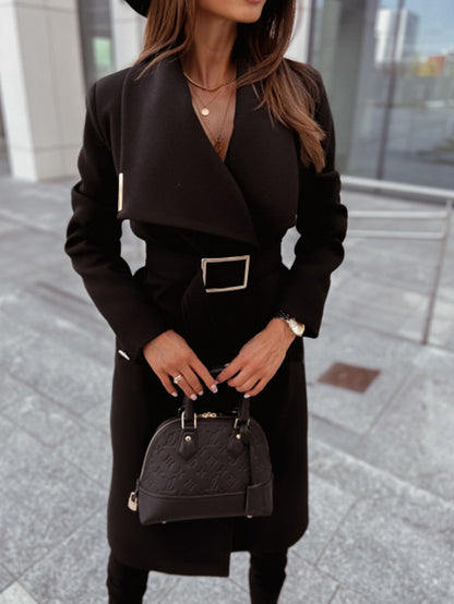 Manteau Femme Laine Col V Lacé Automne Hiver