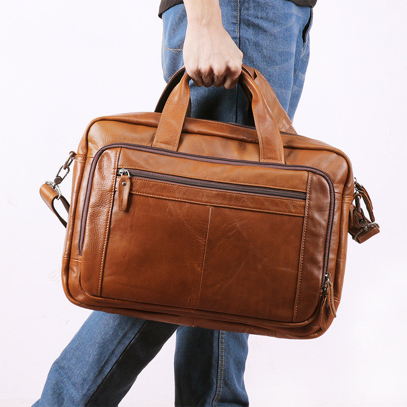 Dos de sac ordinateur cuir marron, sans lanière, mallette porte-documents 41x30cm

