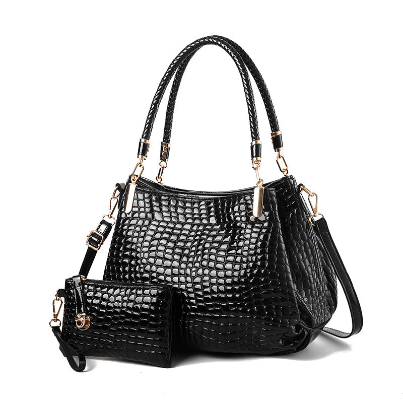 Grand sac épaule femme motif crocodile PU, vue de face, 34x20x26 cm, style messenger

