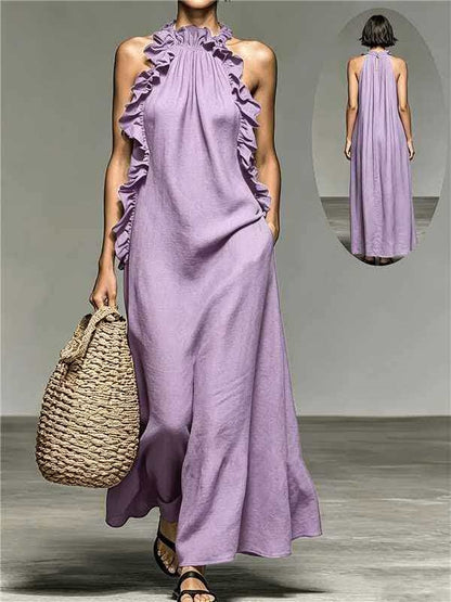Robe longue femme viollet dos nu avec volants style bohème chic