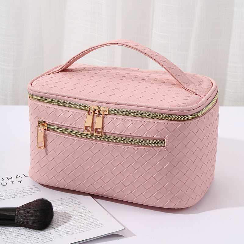Trousse maquillage PU tressé 5 coloris : apricot lait, rose cerise, vert olive, lilas, noir élégant

