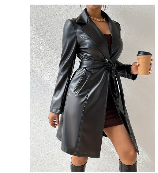 Trench Coat Long Cuir PU - L'Élégance Urbaine Intemporelle