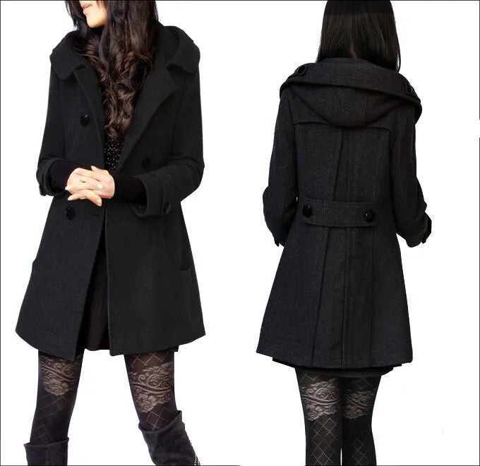 Manteau Femme en Laine à Capuche – Double Boutonnage