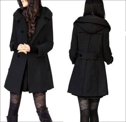 Manteau Femme en Laine à Capuche – Double Boutonnage