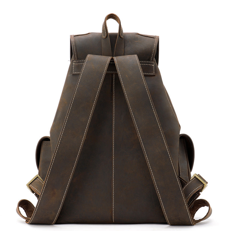 Vue frontale backpack cuir premium water-repellent fermeture rabat boucles vintage