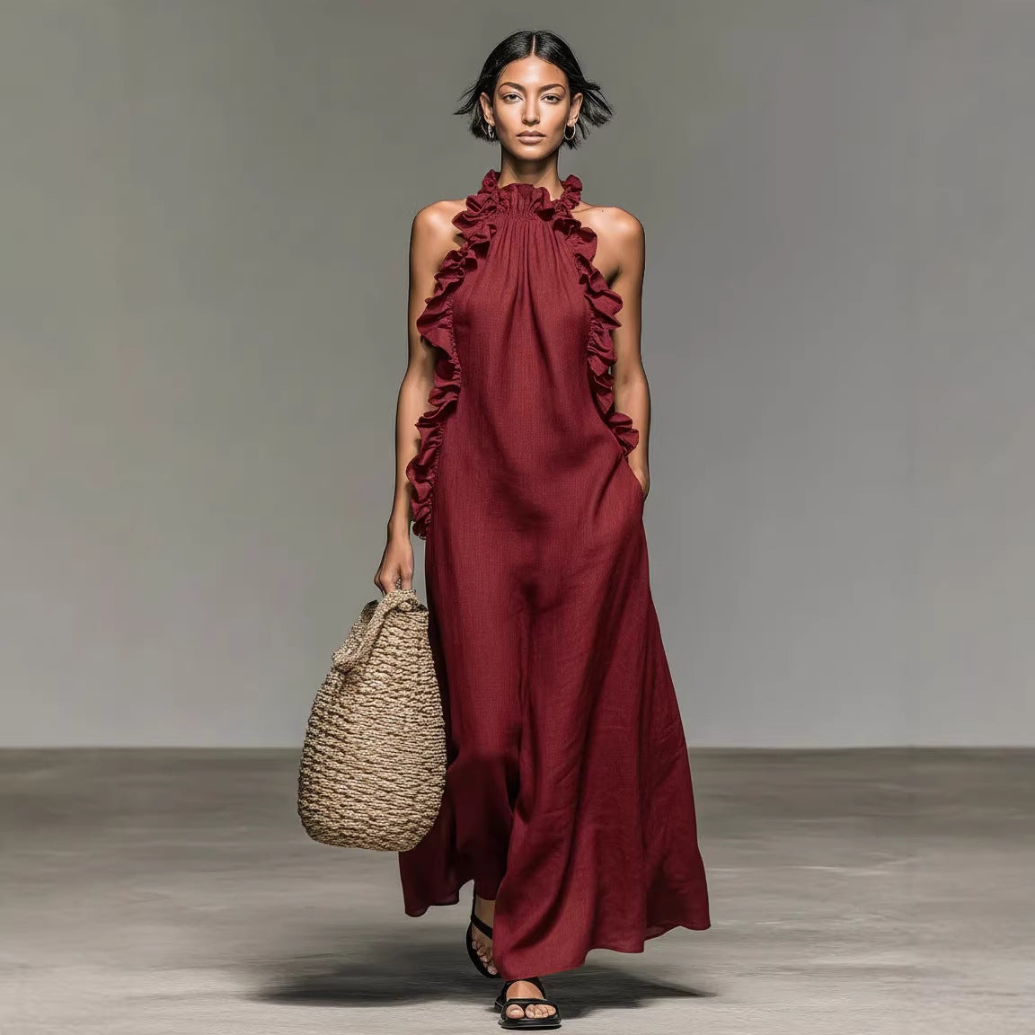 Robe longue femme rouge dos nu avec volants style bohème chic