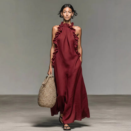 Robe longue femme rouge dos nu avec volants style bohème chic