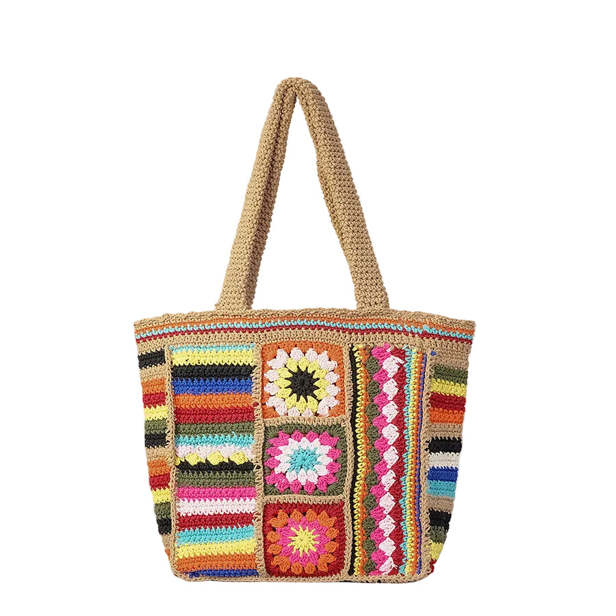 Sac crochet floral femme kaki fait main, motifs brodés ethnique vintage, coton tissé, vue de face