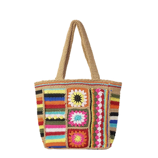 Sac crochet floral femme kaki fait main, motifs brodés ethnique vintage, coton tissé, vue de face