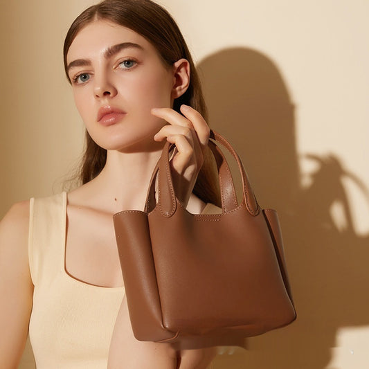 Genuine Leather Bucket Bag - Adjustable Shoulder Strap, Large Capacity