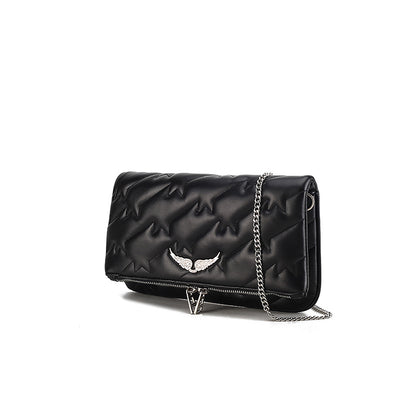Sac à épaule femme cuir agneau noir chaîne brodée