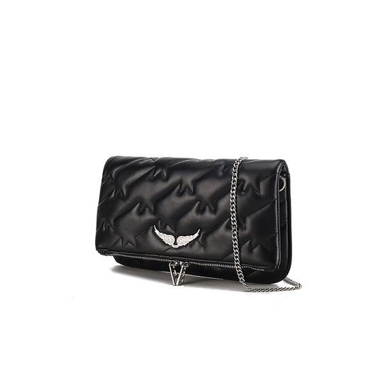 Sac à épaule femme cuir agneau noir chaîne brodée