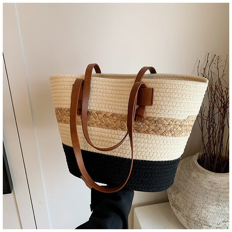 Tote bag paille kaki grande capacité
