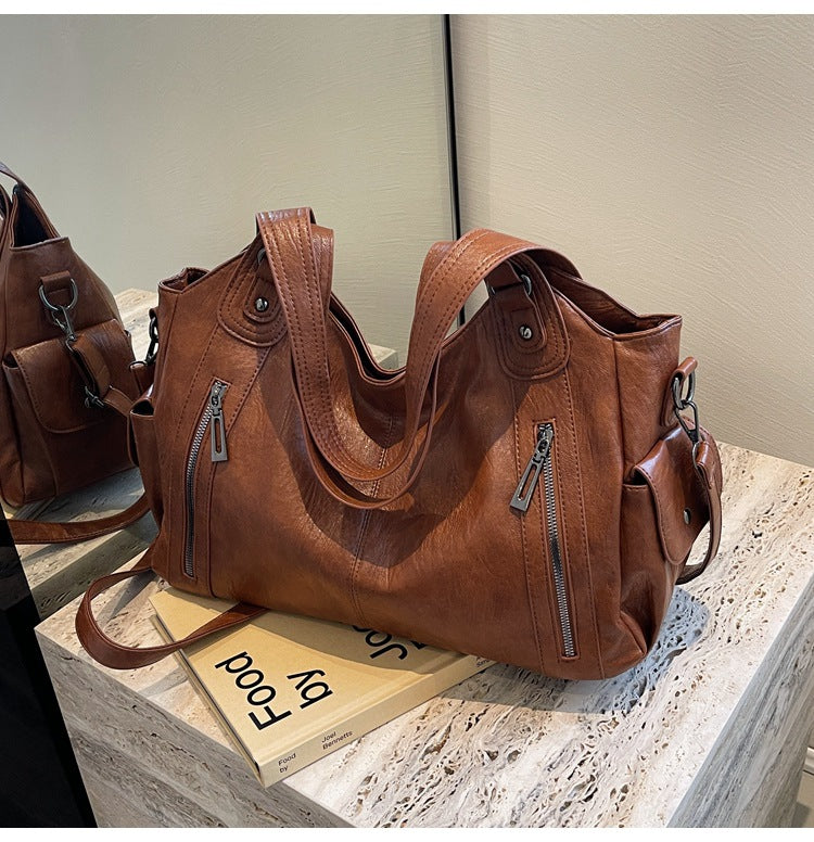 Sac épaule rétro grande capacité PU 3 coloris : noir, marron, brun – shopping bag femme automne hiver

