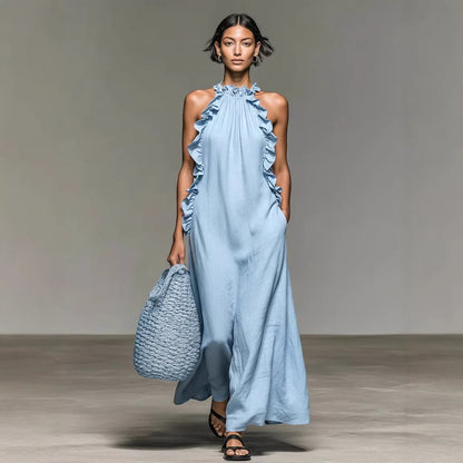 Robe longue femme bleu dos nu avec volants style bohème chic