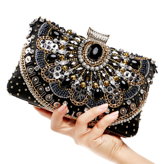 Pochette soirée femme brodée perles et strass avec poignée rigide pour mariages et cérémonies