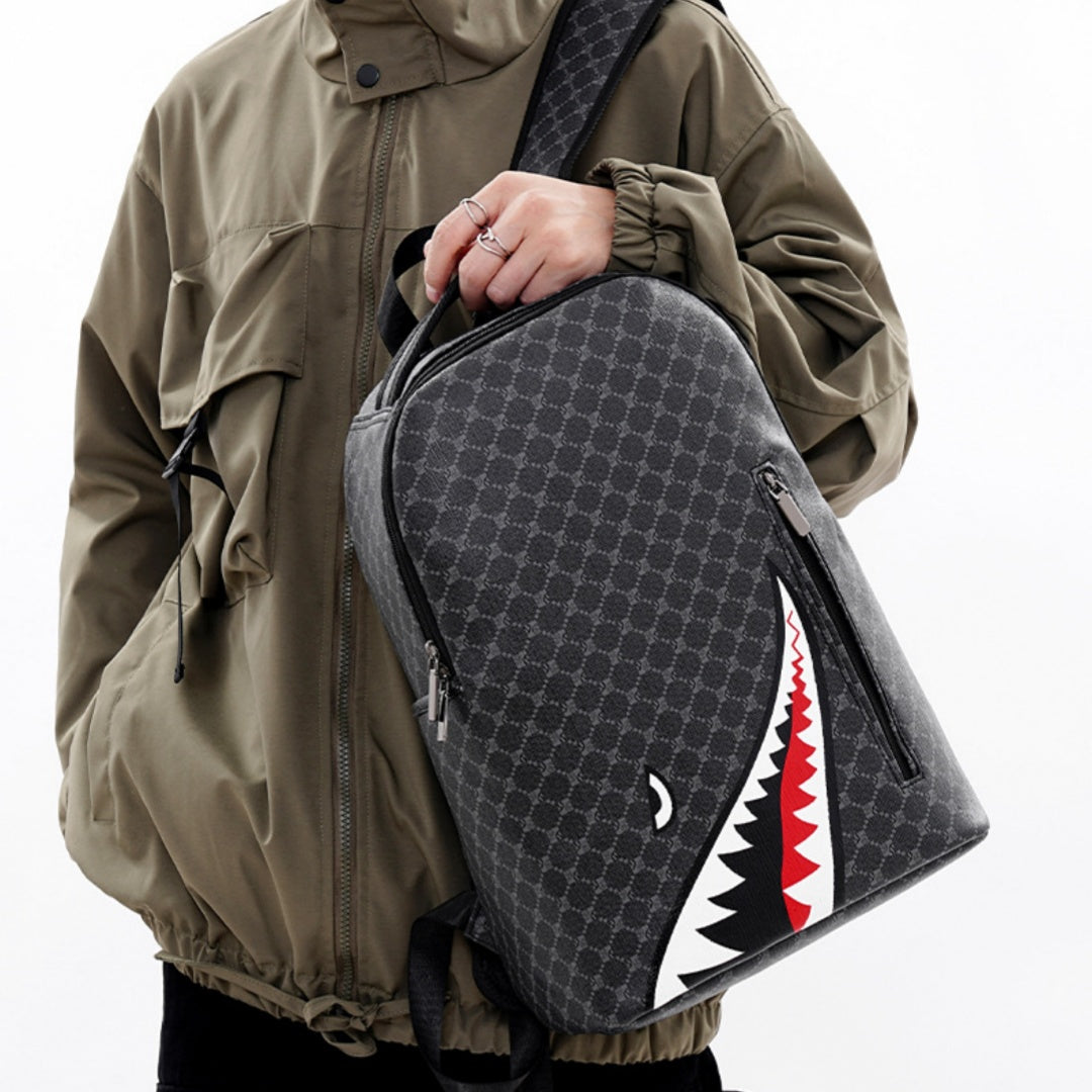 Sac à dos Shark homme grande capacité PU imperméable, motif géométrique bicolore, style street trend
