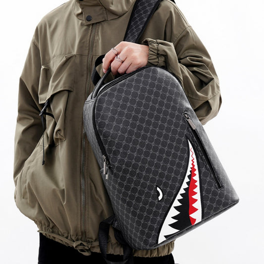 Sac à dos Shark homme grande capacité PU imperméable, motif géométrique bicolore, style street trend
