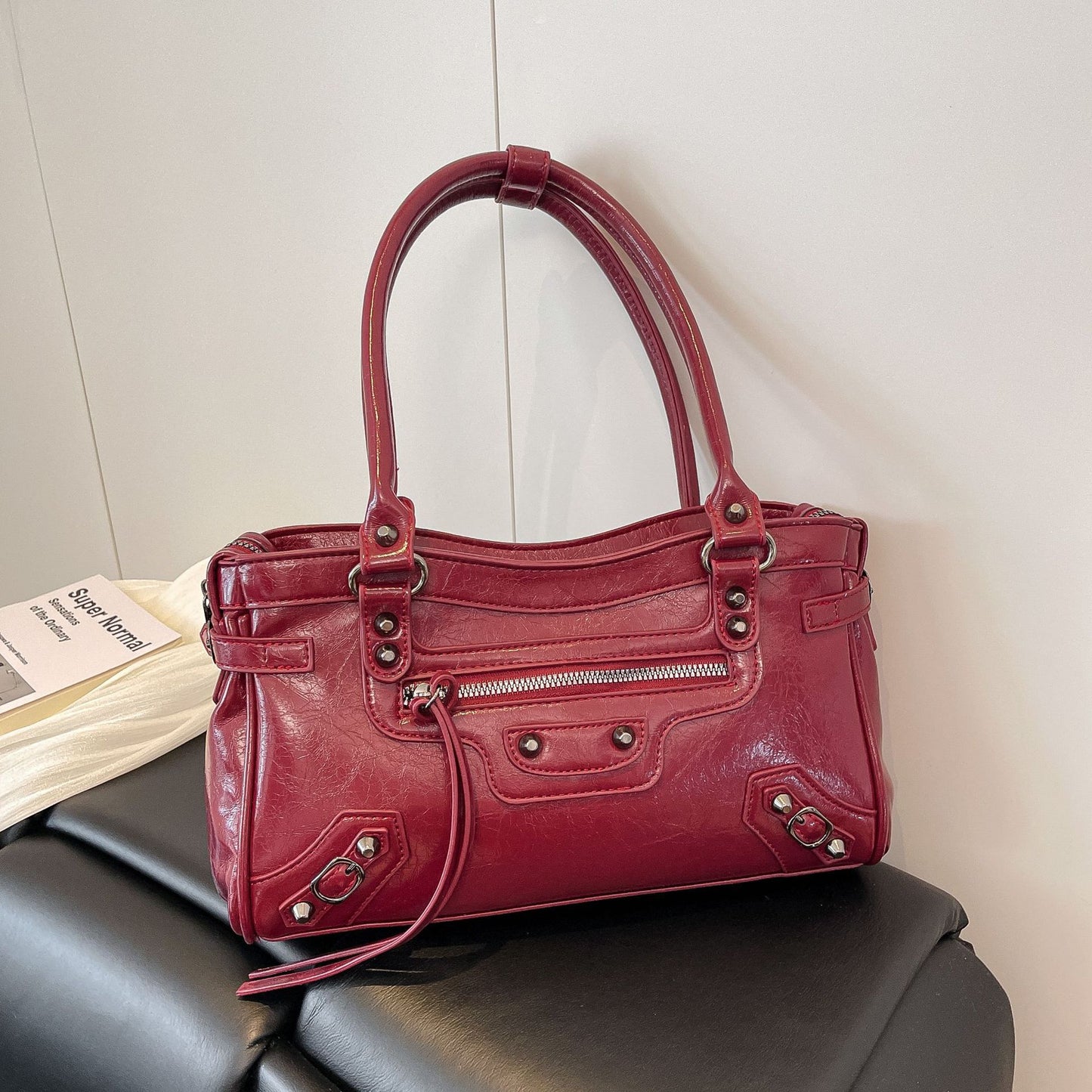 Sac main bordeaux femme rectangle horizontal cuir PU simple sophistiqué élégant