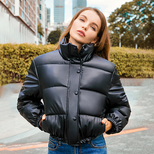 Veste courte femme hiver style Y2K – col montant, cuir