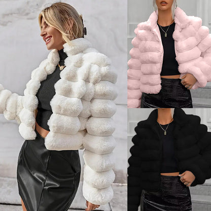 Manteau d'automne et d'hiver en imitation fourrure courte pour femmes - Vogalia