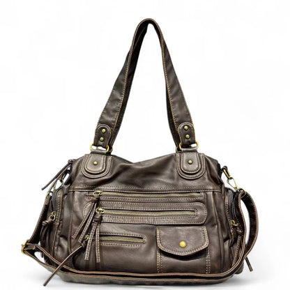 Grand sac à main femme marron en cuir PU style rétro européen avec compartiments 