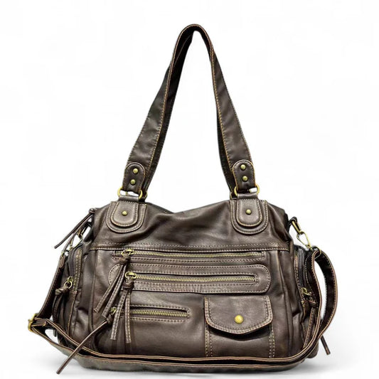 Grand sac à main femme marron en cuir PU style rétro européen avec compartiments 