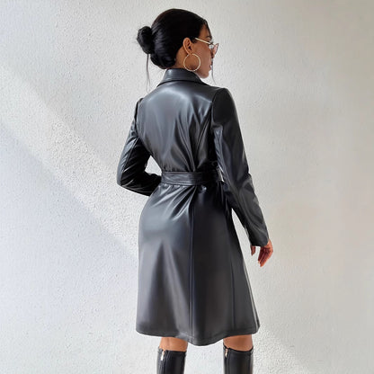 Trench Coat Long Cuir PU - L'Élégance Urbaine Intemporelle