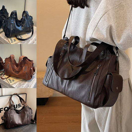Sac épaule femme rétro grande capacité noir PU souple, vue de face, style edge line automne hiver

