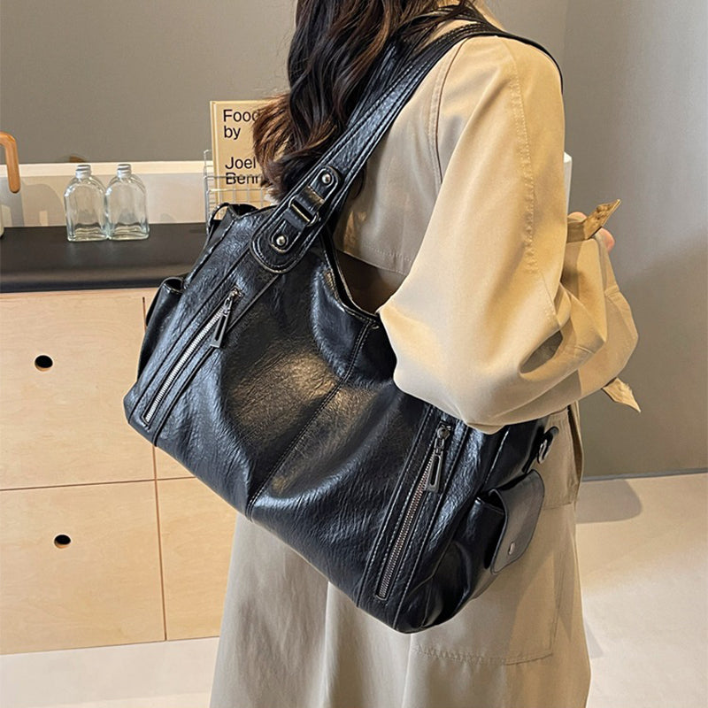 Sac bandoulière marron grande capacité profil latéral, 40x25x15 cm, PU souple shopping bag

