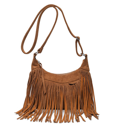 Sac bandoulière à franges femme forme ravioli cuir PU bohème vintage pompons