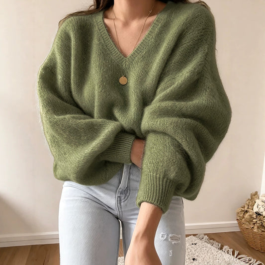 Pull tricoté viscose vert manches lanternes Héloïse Vogalia Paris