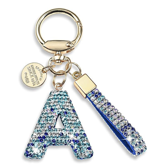 Porte-clés diamant lettre A bleu