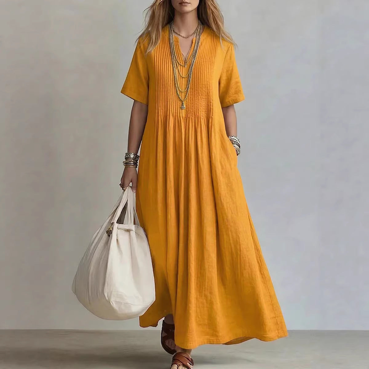 Robe lin coton bleu col V Katia Vogalia Paris