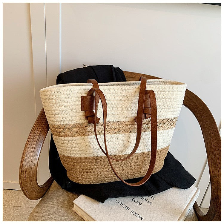 Tote bag paille vue face poche sandwich