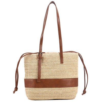 Sac épaule patchwork paille beige tressé