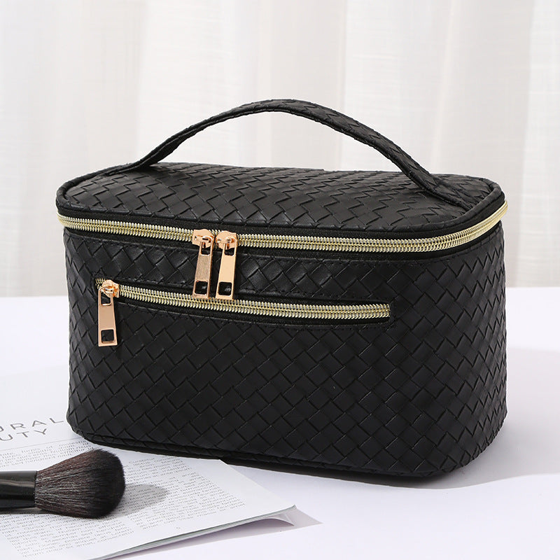 Trousse beauté rose cerise ouverte, grande capacité pinceaux et cosmétiques, doublure nylon

